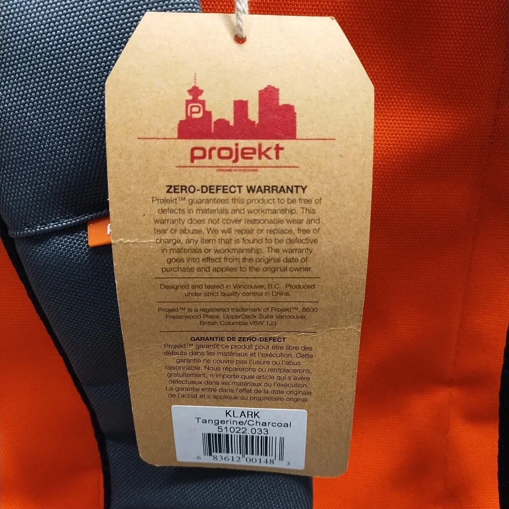 Projekt Klark Unisex Backpack Orange Gray Padded Shoulder Straps Water Resistant